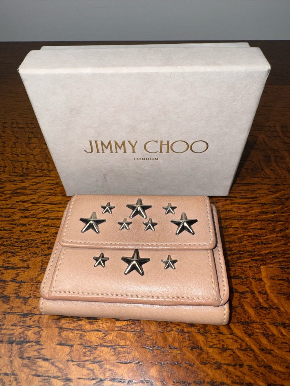 Jimmy Choo Nemo Ballet Pink Star-Studded Leather Trifold Wallet in Box